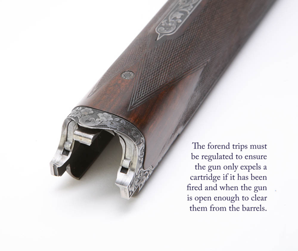 Forend-trips-regulated finishing processes of a shotgun